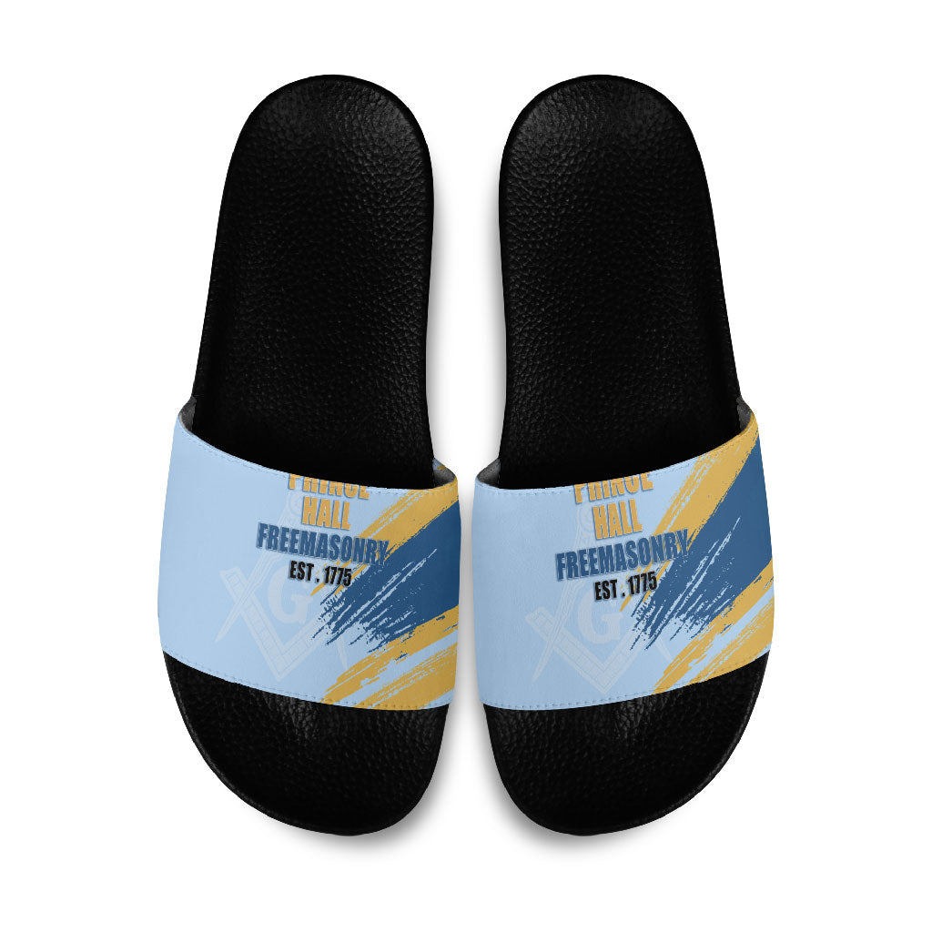 Prince Hall Freemasonry Slide Sandals Vintage Brush Stroke Masonic Blue Gold Graphic