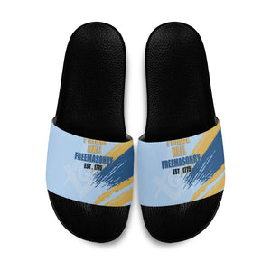 Prince Hall Freemasonry Slide Sandals Vintage Brush Stroke Masonic Blue Gold Graphic