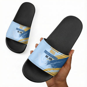 Prince Hall Freemasonry Slide Sandals Vintage Brush Stroke Masonic Blue Gold Graphic