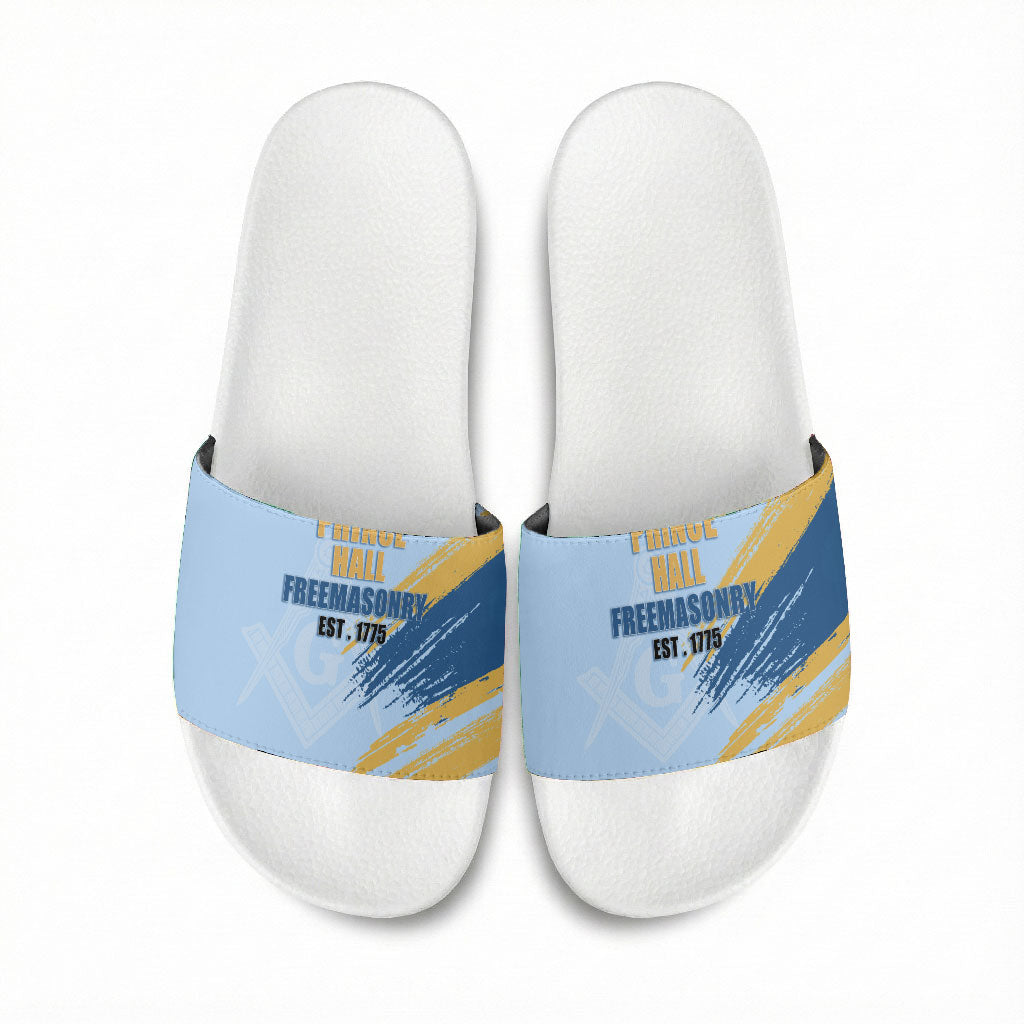 Prince Hall Freemasonry Slide Sandals Vintage Brush Stroke Masonic Blue Gold Graphic