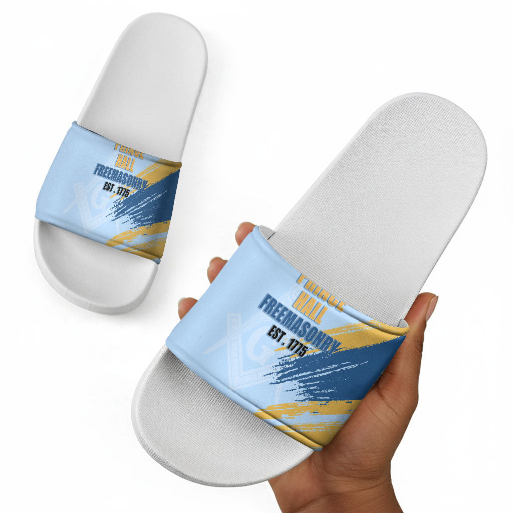 Prince Hall Freemasonry Slide Sandals Vintage Brush Stroke Masonic Blue Gold Graphic
