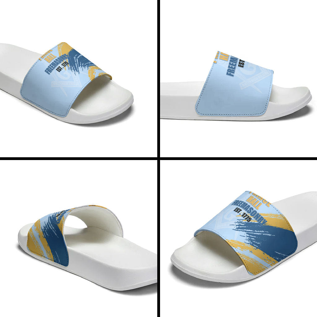 Prince Hall Freemasonry Slide Sandals Vintage Brush Stroke Masonic Blue Gold Graphic
