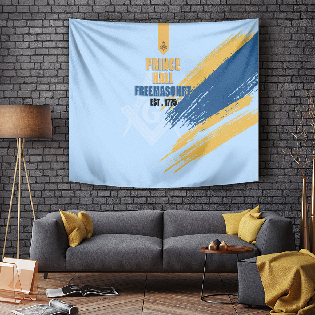 Prince Hall Freemasonry Tapestry Vintage Brush Stroke Masonic Blue Gold Graphic