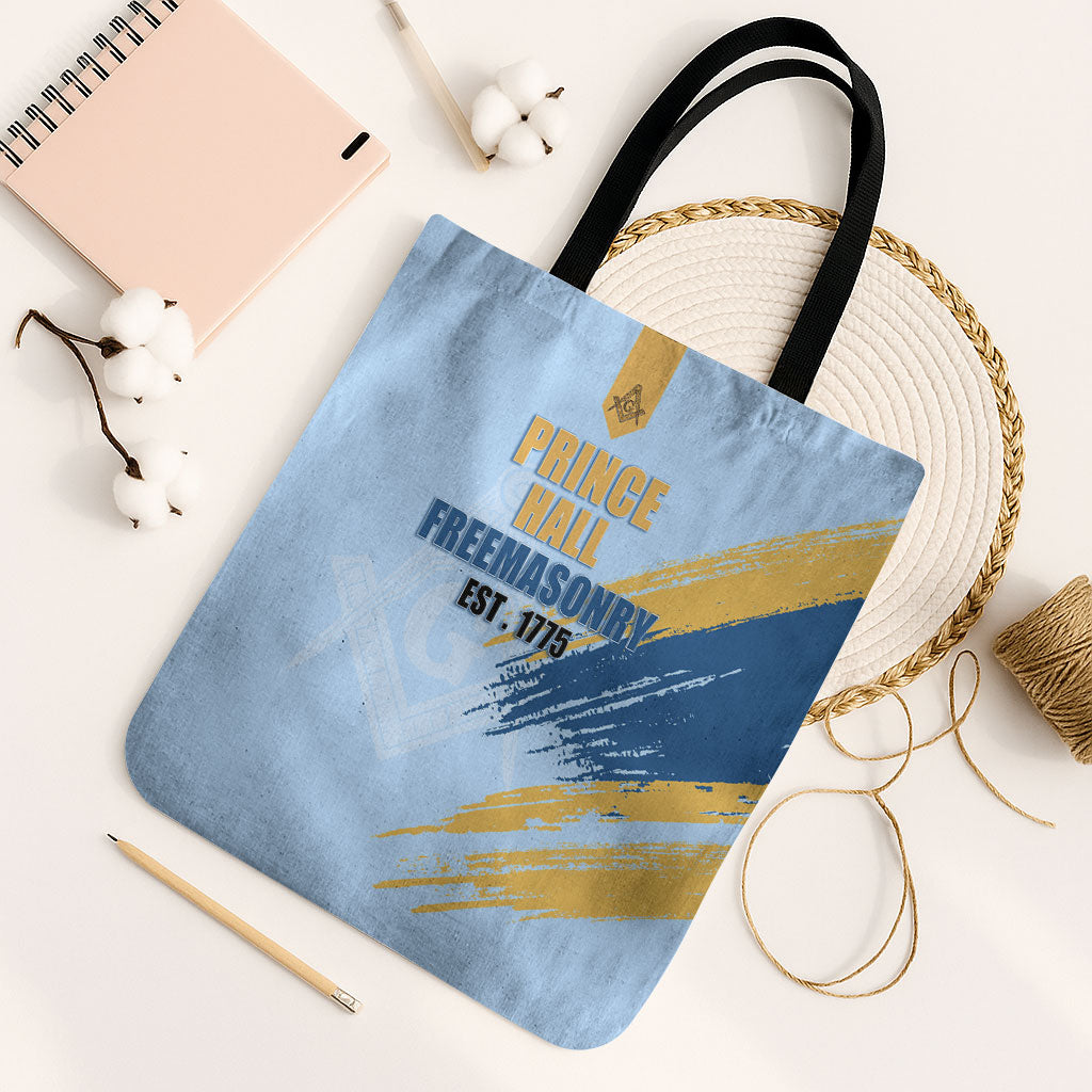 Prince Hall Freemasonry Tote Bag Vintage Brush Stroke Masonic Blue Gold Graphic