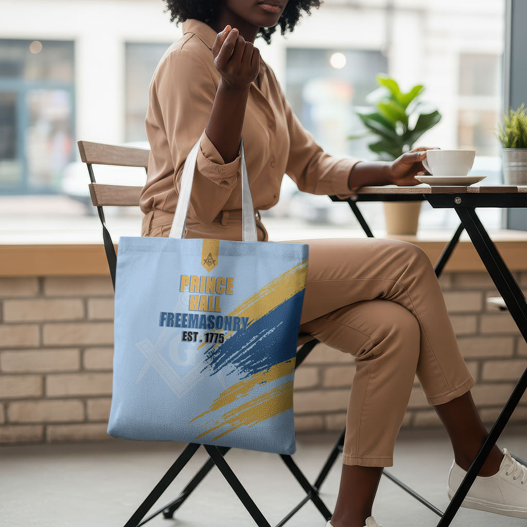 Prince Hall Freemasonry Tote Bag Vintage Brush Stroke Masonic Blue Gold Graphic