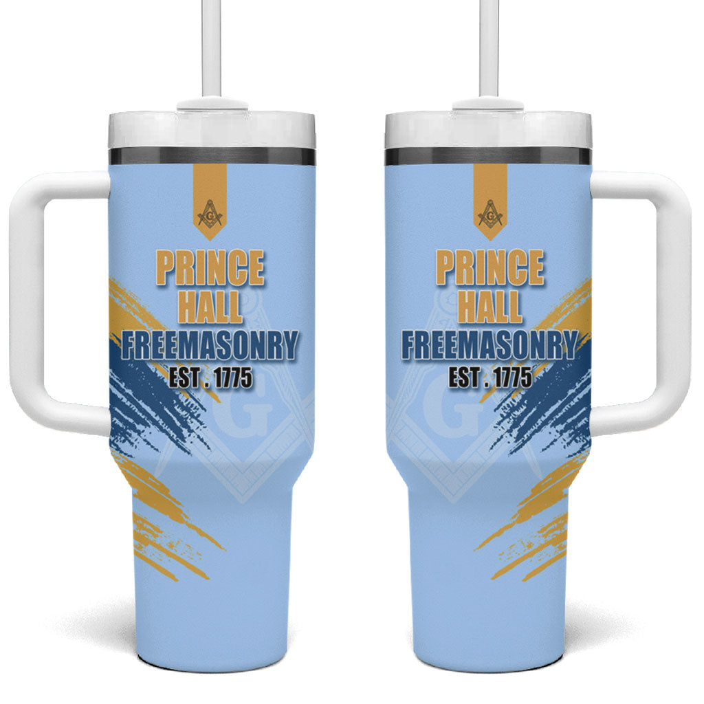 Prince Hall Freemasonry Tumbler With Handle Vintage Brush Stroke Masonic Blue Gold Graphic