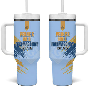 Prince Hall Freemasonry Tumbler With Handle Vintage Brush Stroke Masonic Blue Gold Graphic