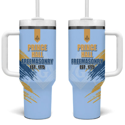 Prince Hall Freemasonry Tumbler With Handle Vintage Brush Stroke Masonic Blue Gold Graphic