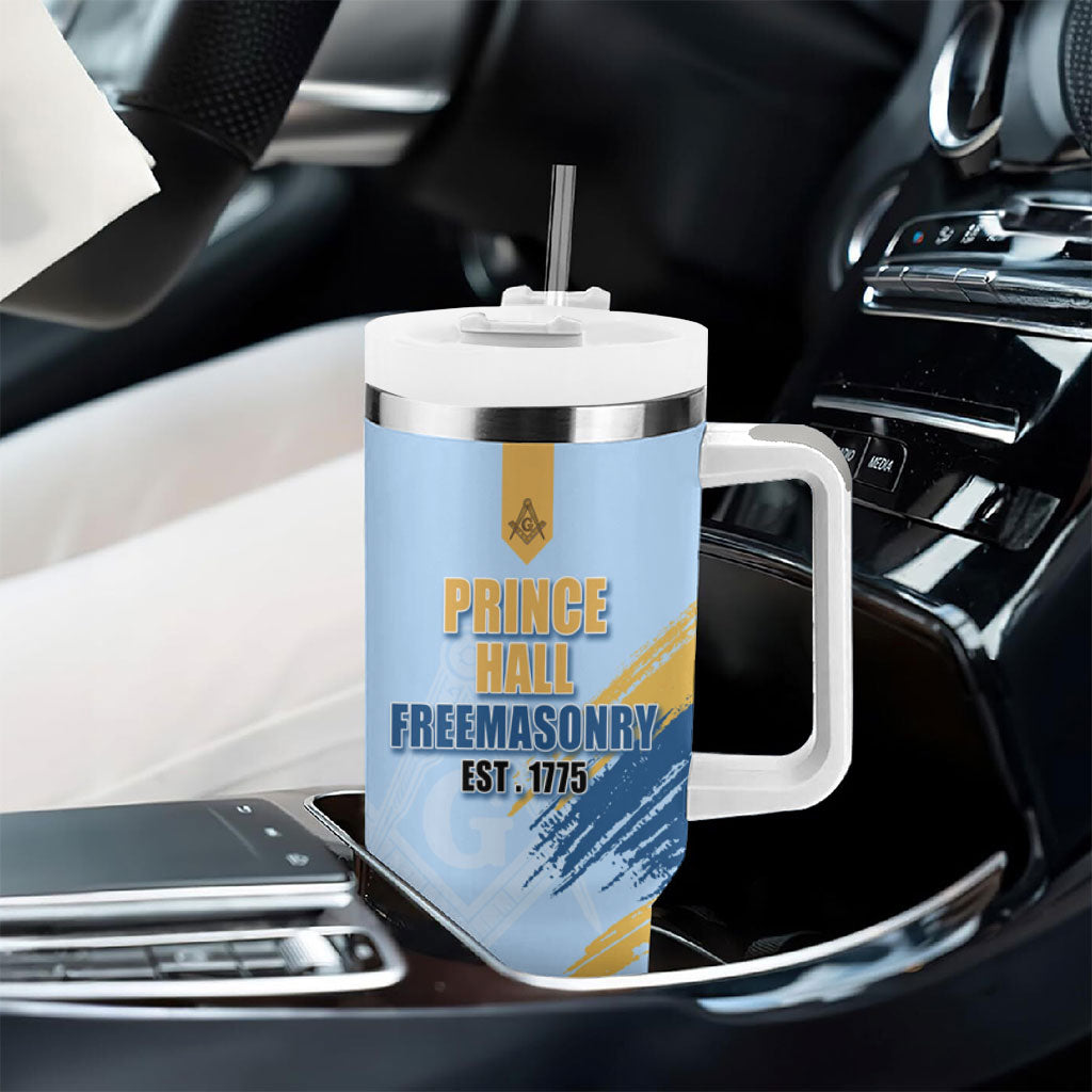 Prince Hall Freemasonry Tumbler With Handle Vintage Brush Stroke Masonic Blue Gold Graphic