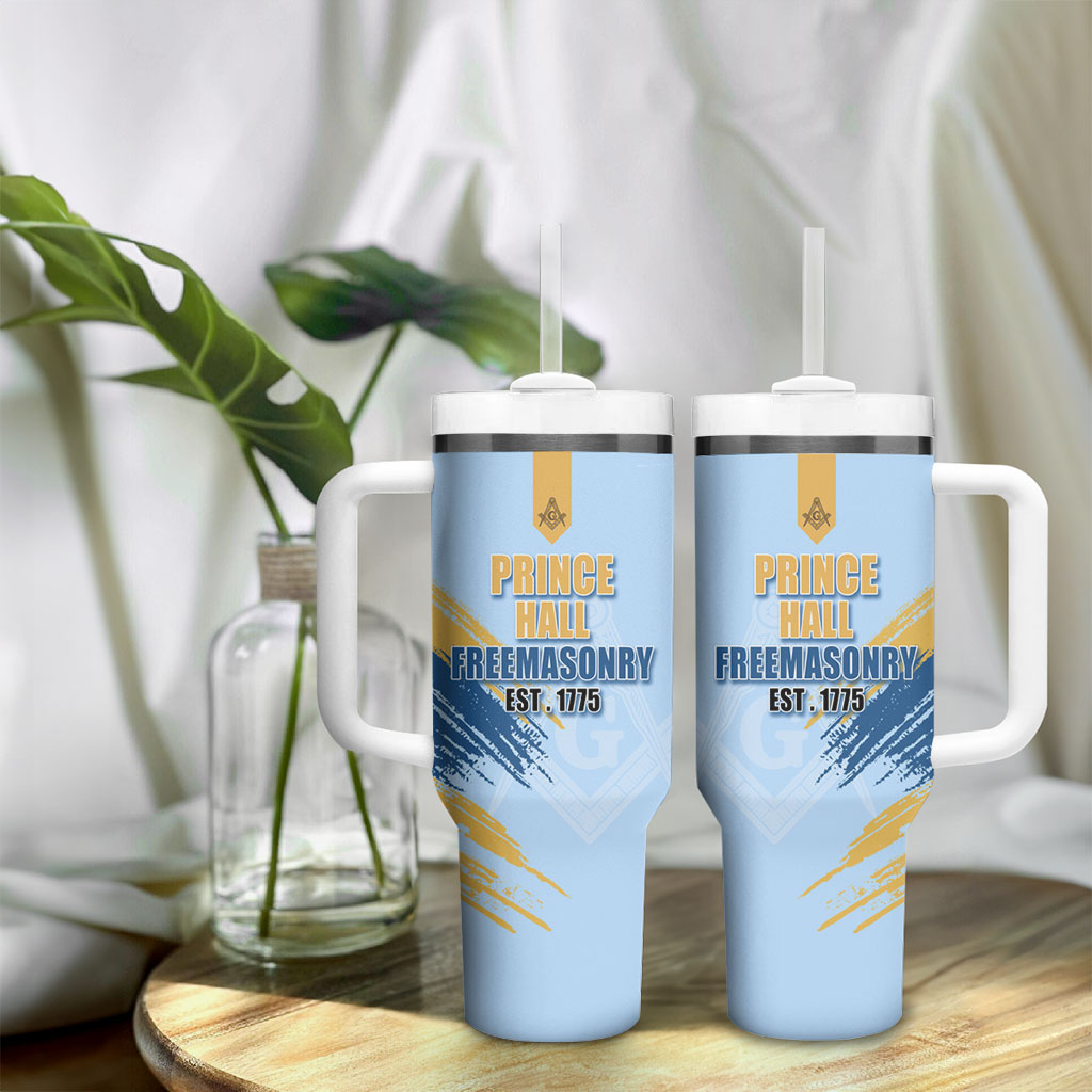 Prince Hall Freemasonry Tumbler With Handle Vintage Brush Stroke Masonic Blue Gold Graphic
