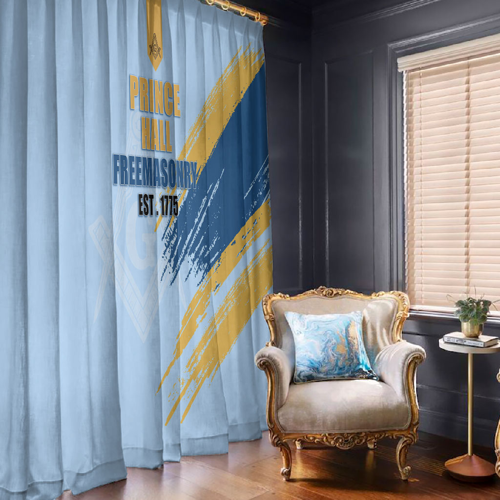 Prince Hall Freemasonry Window Curtain Vintage Brush Stroke Masonic Blue Gold Graphic