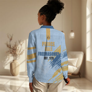 Prince Hall Freemasonry Women Casual Shirt Vintage Brush Stroke Masonic Blue Gold Graphic