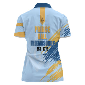 Prince Hall Freemasonry Women Polo Shirt Vintage Brush Stroke Masonic Blue Gold Graphic