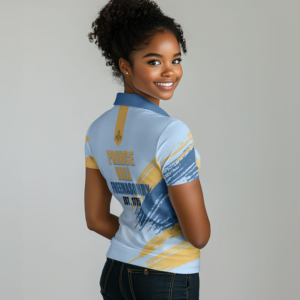 Prince Hall Freemasonry Women Polo Shirt Vintage Brush Stroke Masonic Blue Gold Graphic