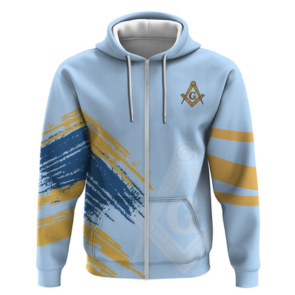Prince Hall Freemasonry Zip Hoodie Vintage Brush Stroke Masonic Blue Gold Graphic