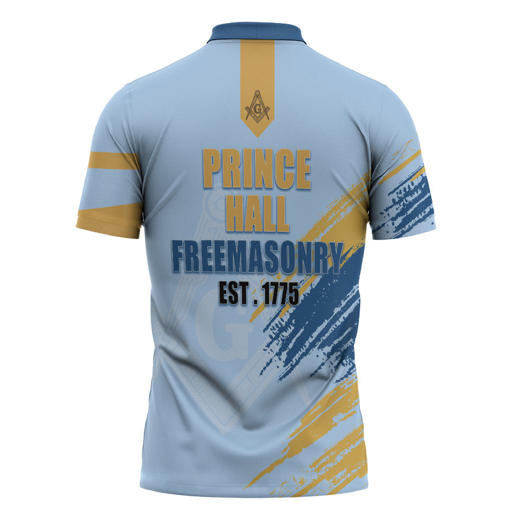 Prince Hall Freemasonry Zipper Polo Shirt Vintage Brush Stroke Masonic Blue Gold Graphic