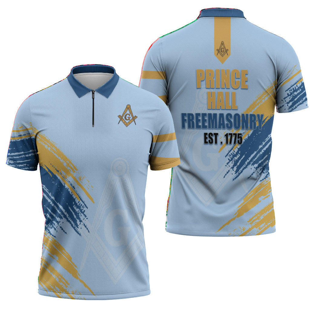 Prince Hall Freemasonry Zipper Polo Shirt Vintage Brush Stroke Masonic Blue Gold Graphic