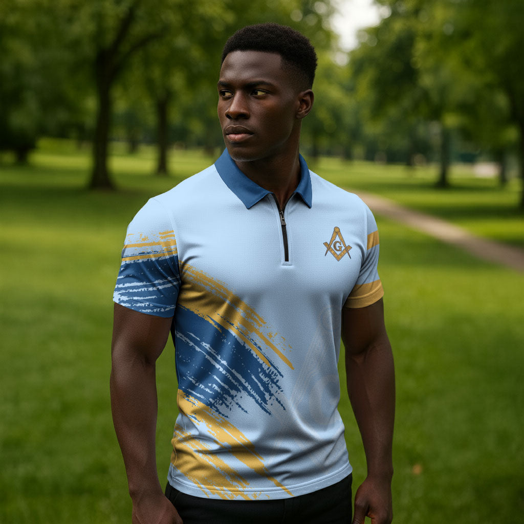 Prince Hall Freemasonry Zipper Polo Shirt Vintage Brush Stroke Masonic Blue Gold Graphic