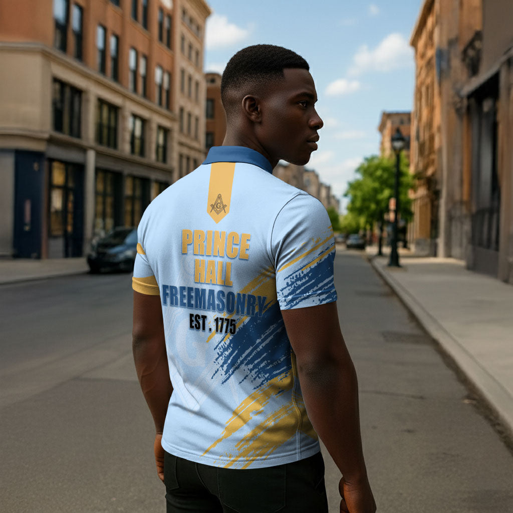Prince Hall Freemasonry Zipper Polo Shirt Vintage Brush Stroke Masonic Blue Gold Graphic