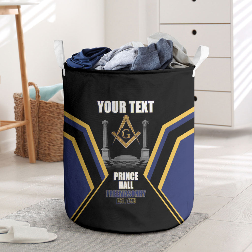 Personalized Prince Hall Freemasonry Laundry Basket Royal Blue Gold Masonic Geometric Legacy Graphic