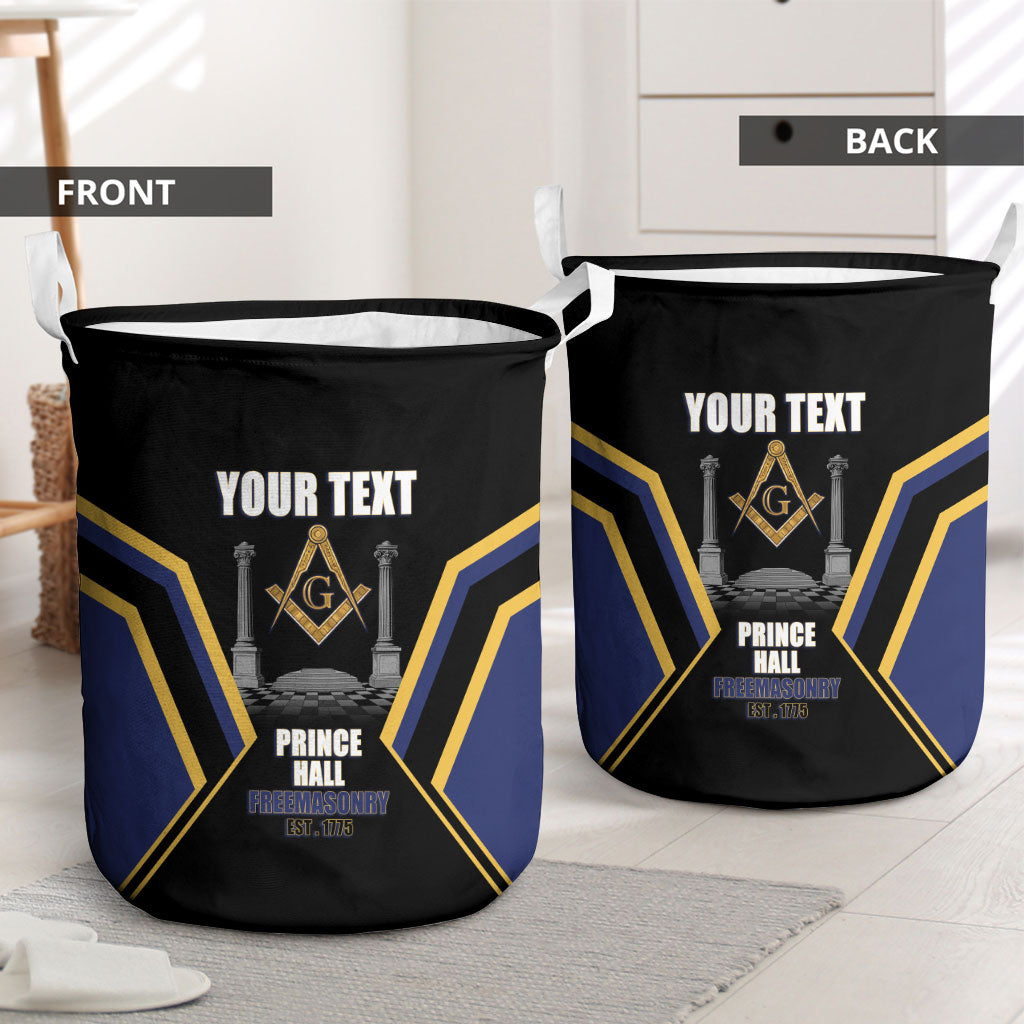 Personalized Prince Hall Freemasonry Laundry Basket Royal Blue Gold Masonic Geometric Legacy Graphic