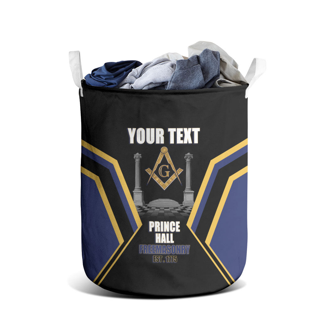 Personalized Prince Hall Freemasonry Laundry Basket Royal Blue Gold Masonic Geometric Legacy Graphic