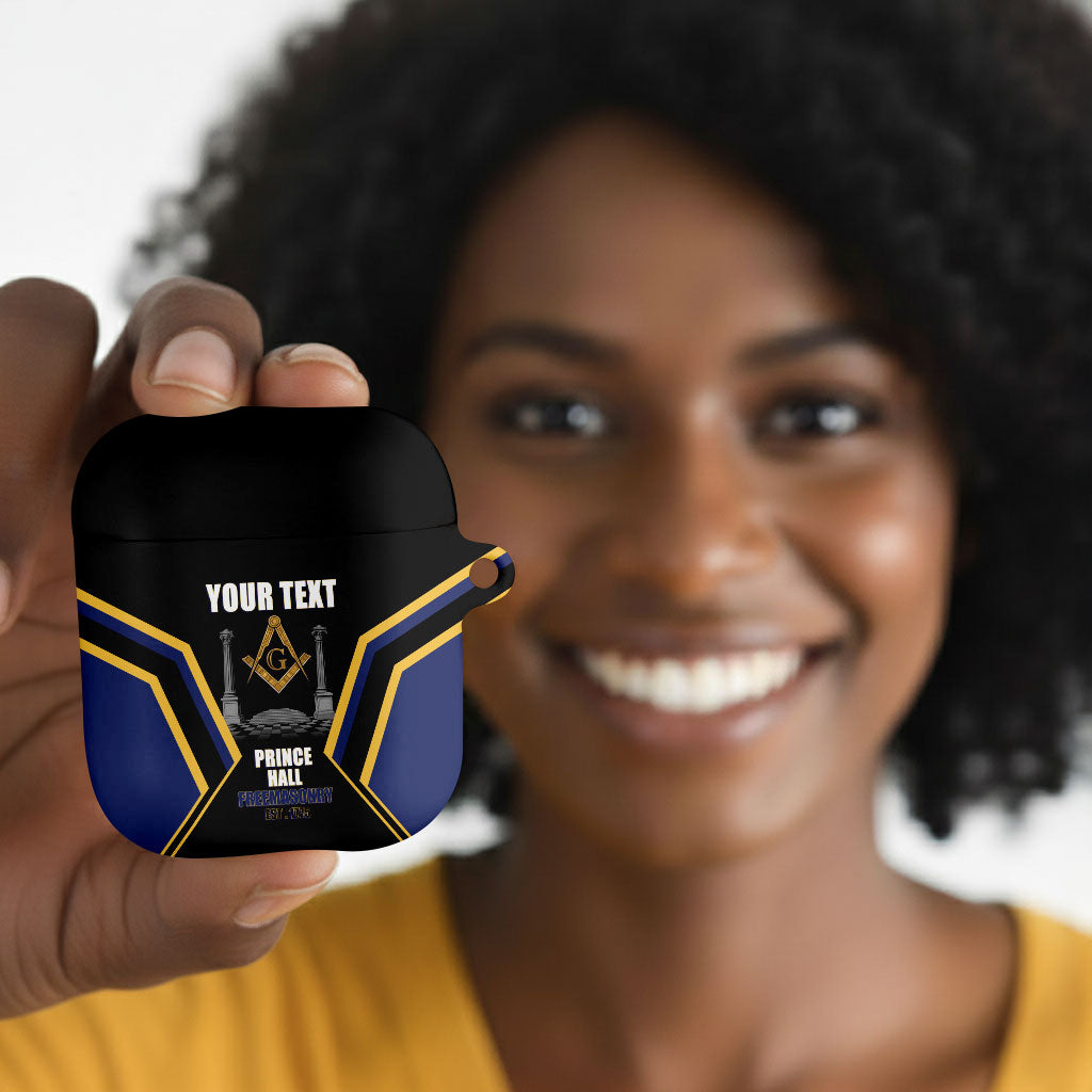 Personalized Prince Hall Freemasonry AirPods Case Royal Blue Gold Masonic Geometric Legacy Graphic