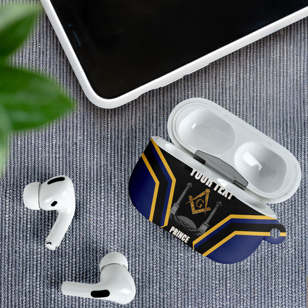 Personalized Prince Hall Freemasonry AirPods Case Royal Blue Gold Masonic Geometric Legacy Graphic