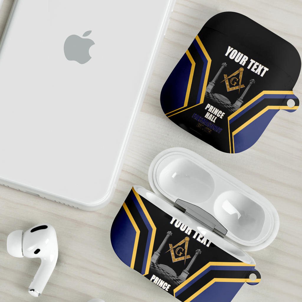 Personalized Prince Hall Freemasonry AirPods Case Royal Blue Gold Masonic Geometric Legacy Graphic