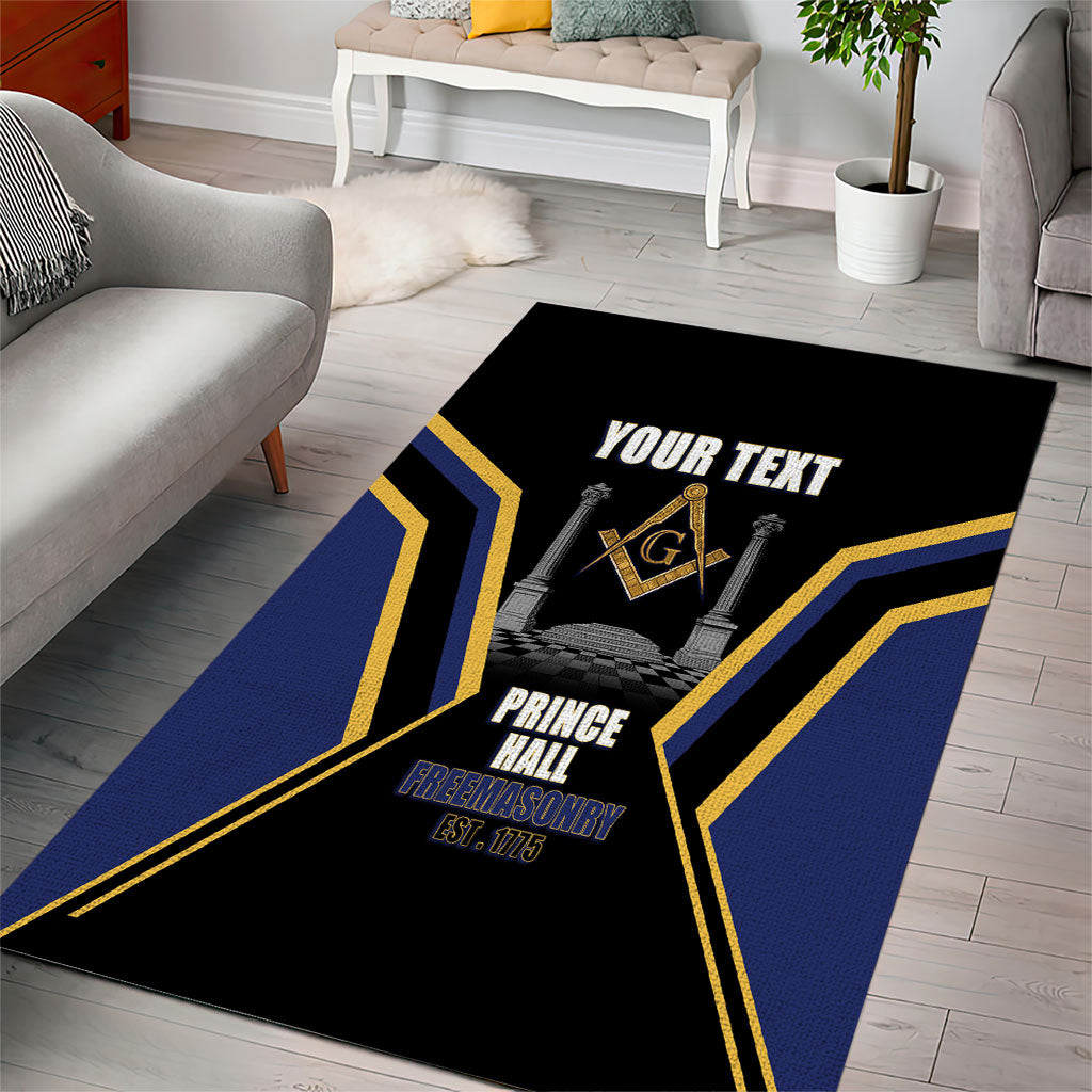 Personalized Prince Hall Freemasonry Area Rug Royal Blue Gold Masonic Geometric Legacy Graphic