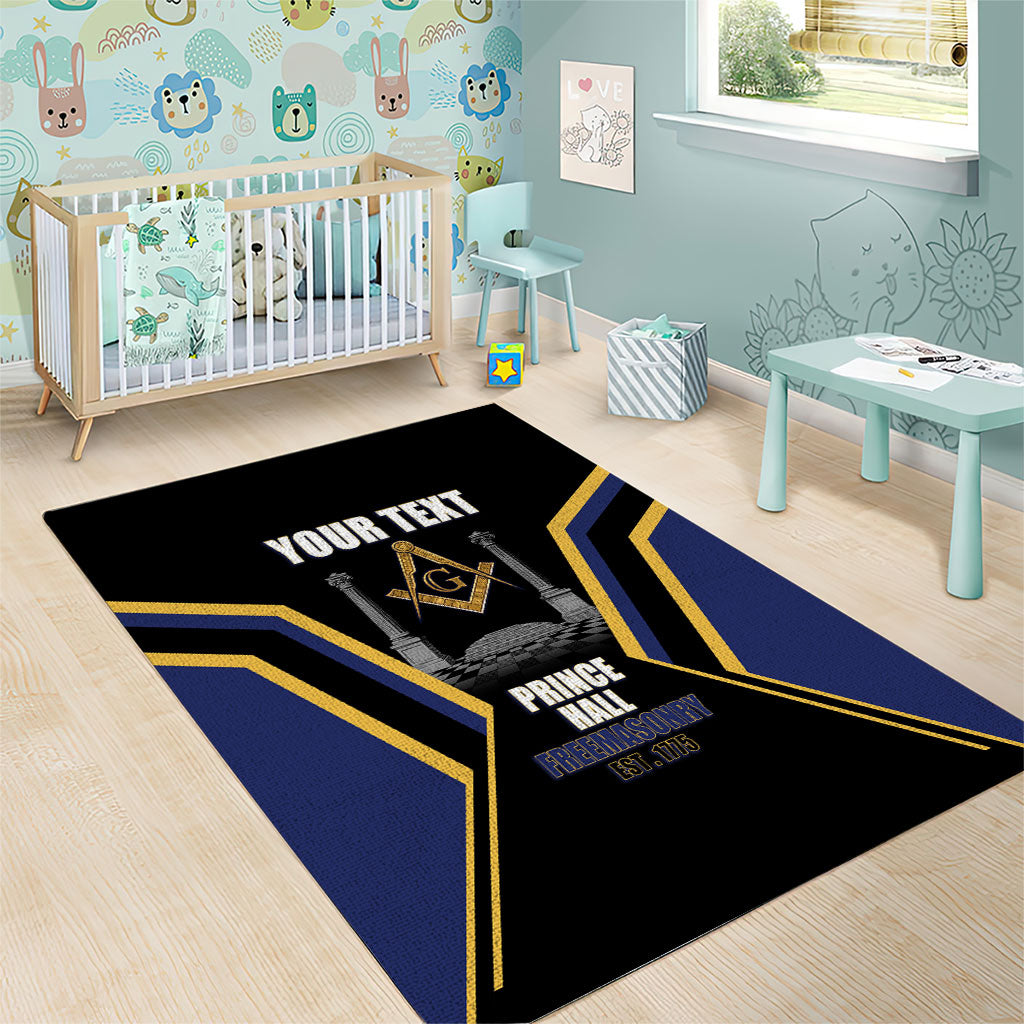 Personalized Prince Hall Freemasonry Area Rug Royal Blue Gold Masonic Geometric Legacy Graphic