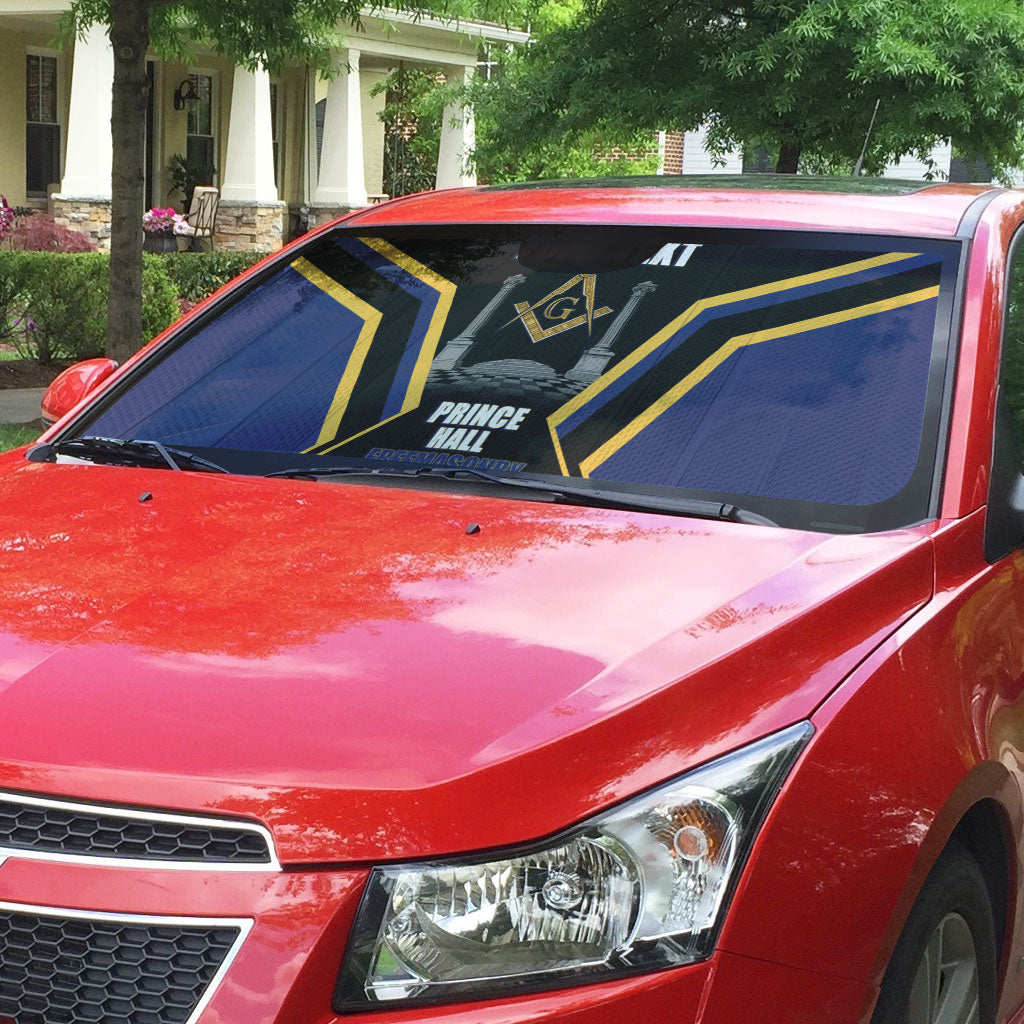 Personalized Prince Hall Freemasonry Auto Sun Shade Royal Blue Gold Masonic Geometric Legacy Graphic