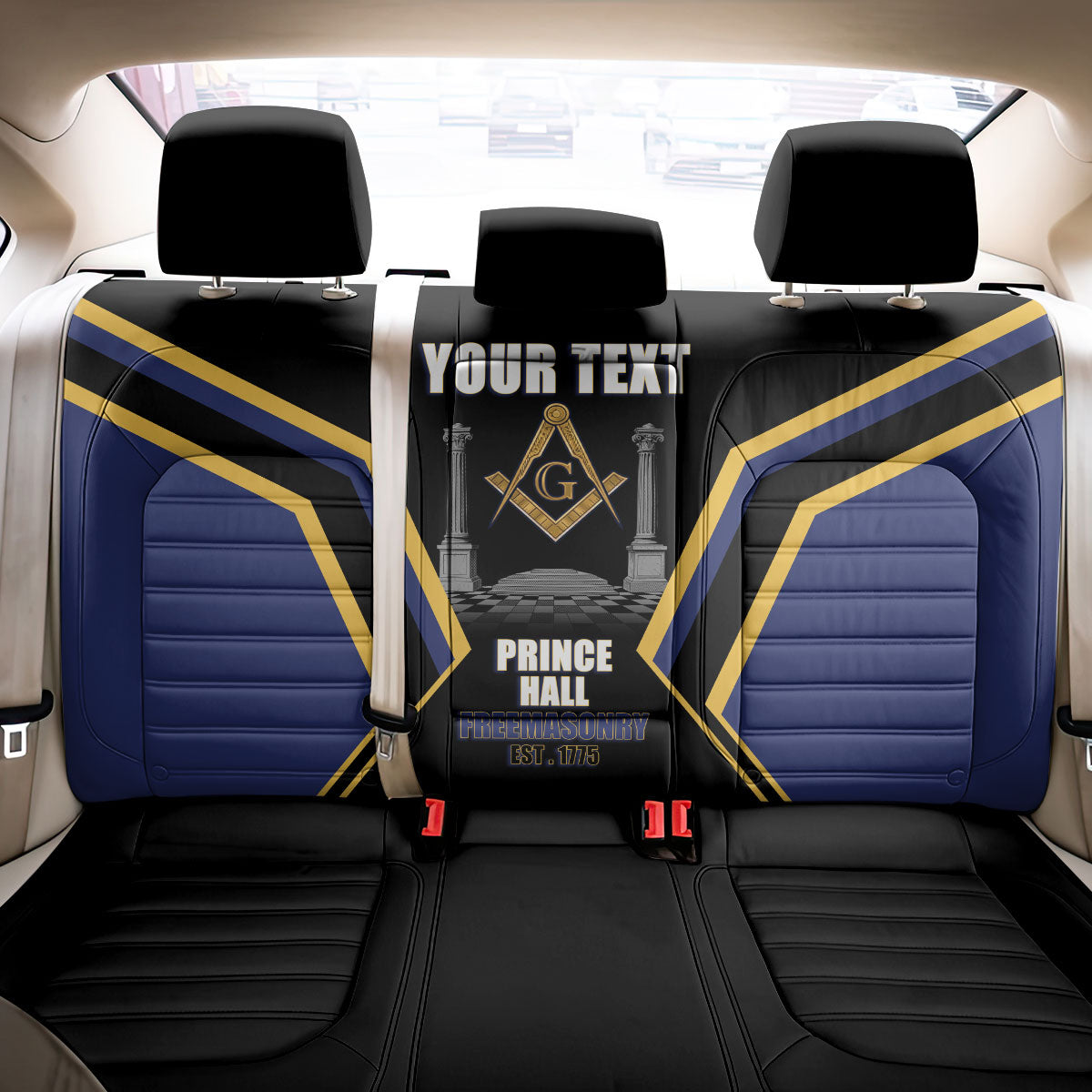 Personalized Prince Hall Freemasonry Back Car Seat Cover Royal Blue Gold Masonic Geometric Legacy Graphic