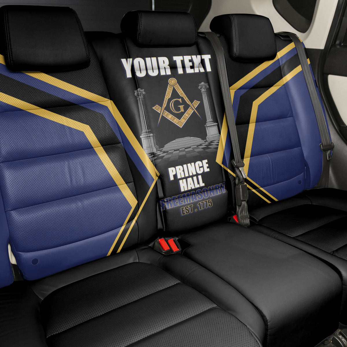 Personalized Prince Hall Freemasonry Back Car Seat Cover Royal Blue Gold Masonic Geometric Legacy Graphic
