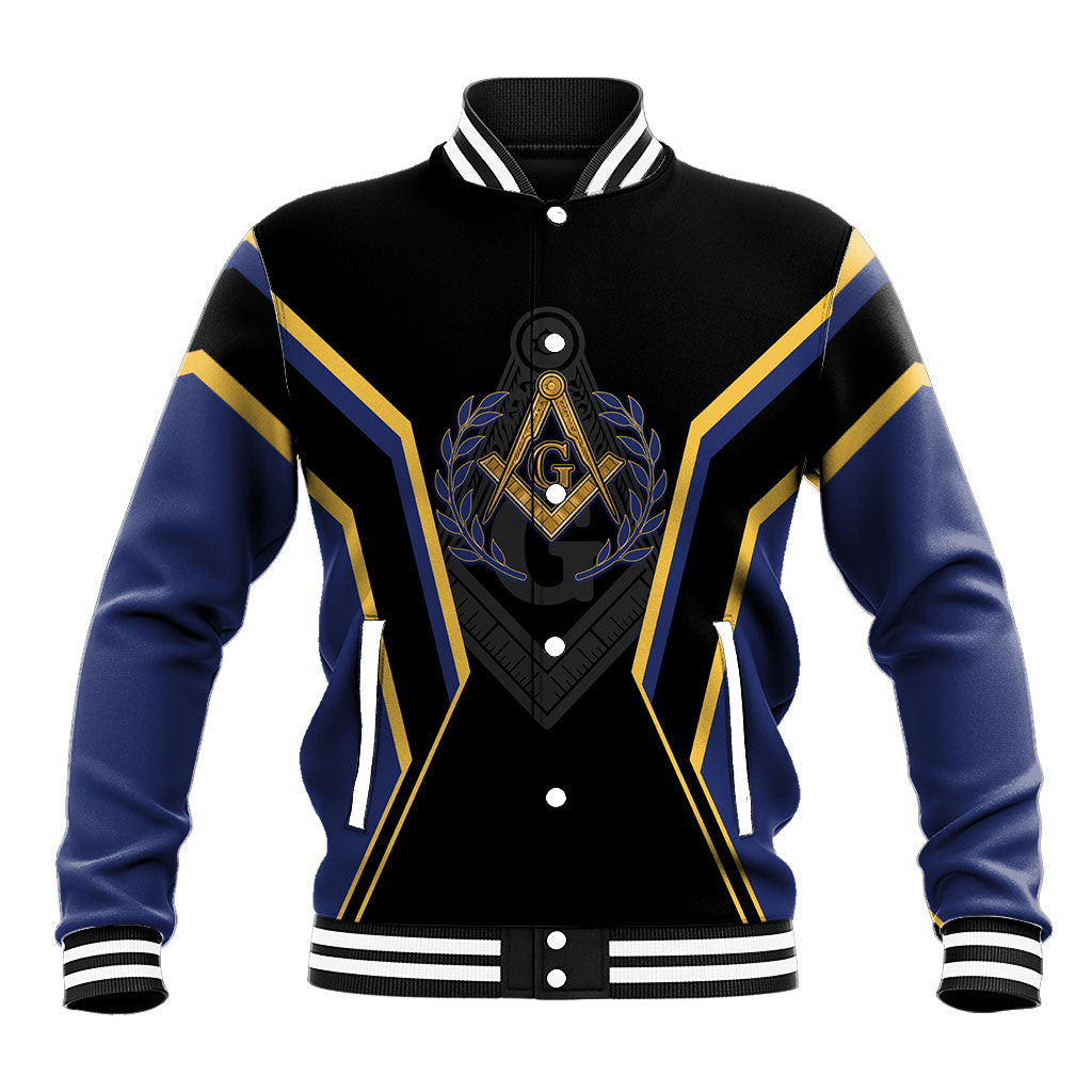 Personalized Prince Hall Freemasonry Baseball Jacket Royal Blue Gold Masonic Geometric Legacy Graphic