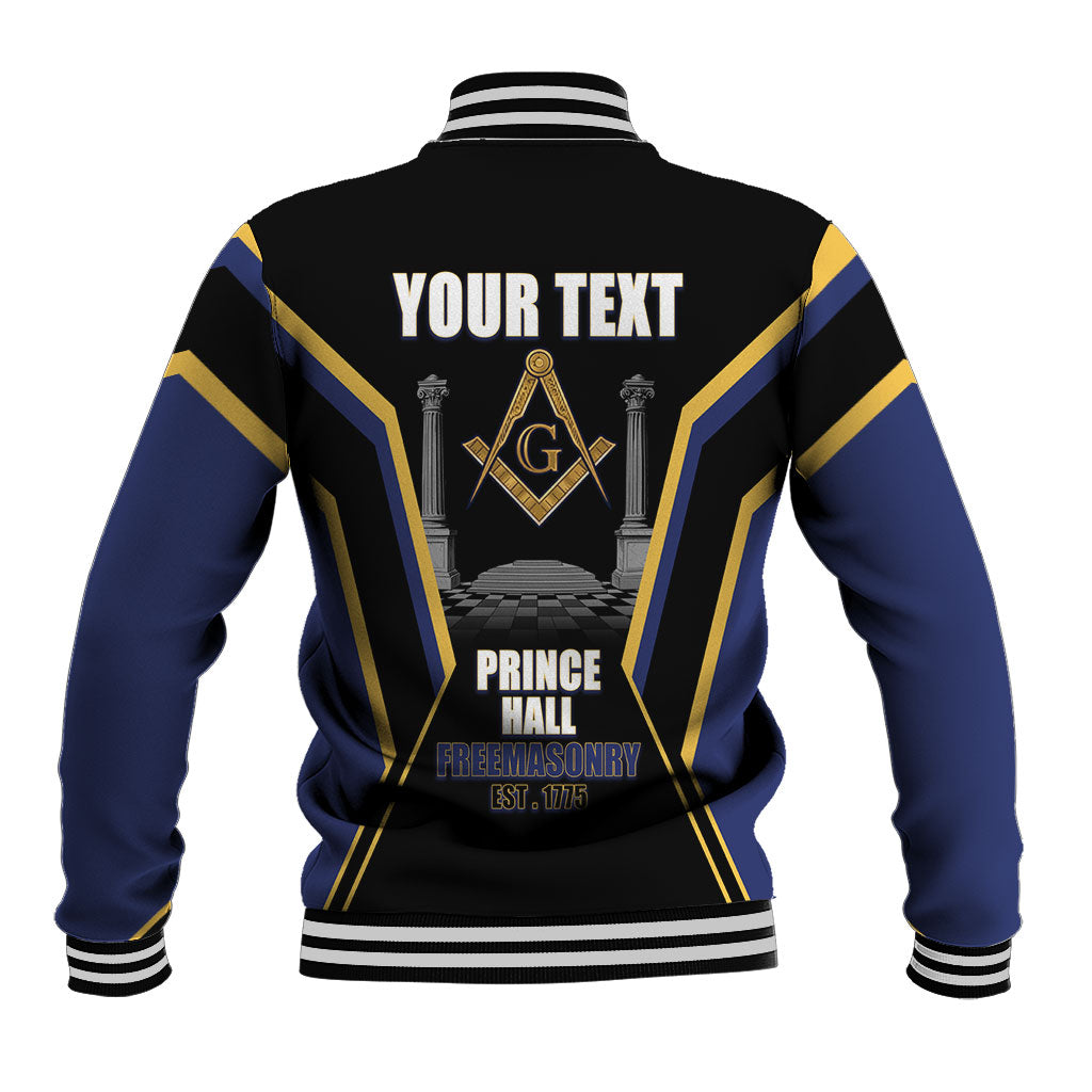 Personalized Prince Hall Freemasonry Baseball Jacket Royal Blue Gold Masonic Geometric Legacy Graphic