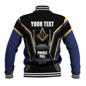 Personalized Prince Hall Freemasonry Baseball Jacket Royal Blue Gold Masonic Geometric Legacy Graphic
