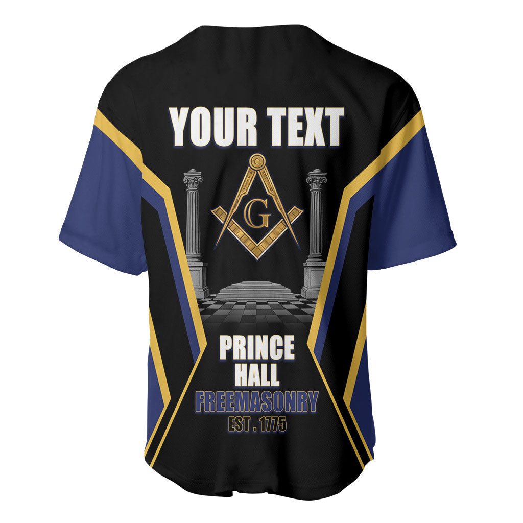 Personalized Prince Hall Freemasonry Baseball Jersey Royal Blue Gold Masonic Geometric Legacy Graphic