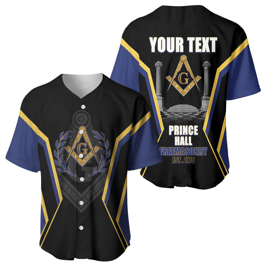 Personalized Prince Hall Freemasonry Baseball Jersey Royal Blue Gold Masonic Geometric Legacy Graphic