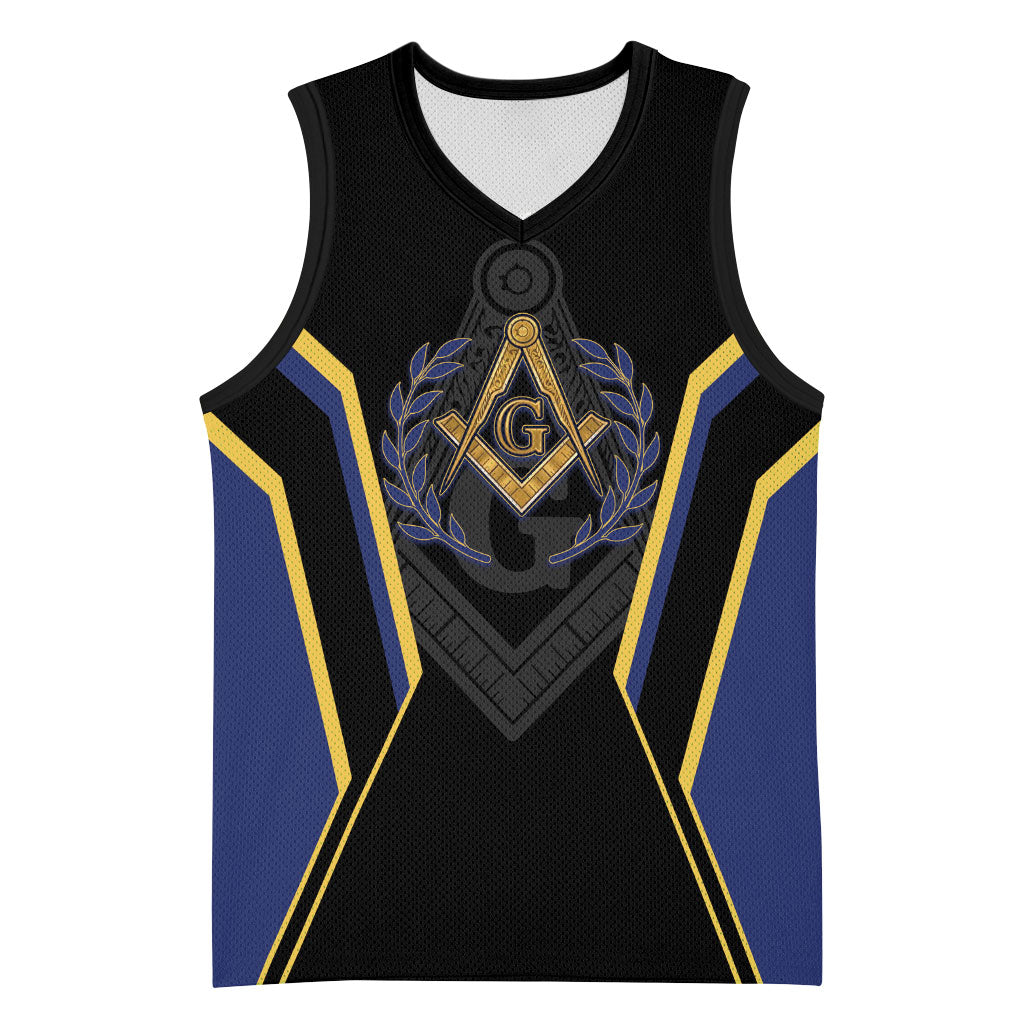 Personalized Prince Hall Freemasonry Basketball Jersey Royal Blue Gold Masonic Geometric Legacy Graphic