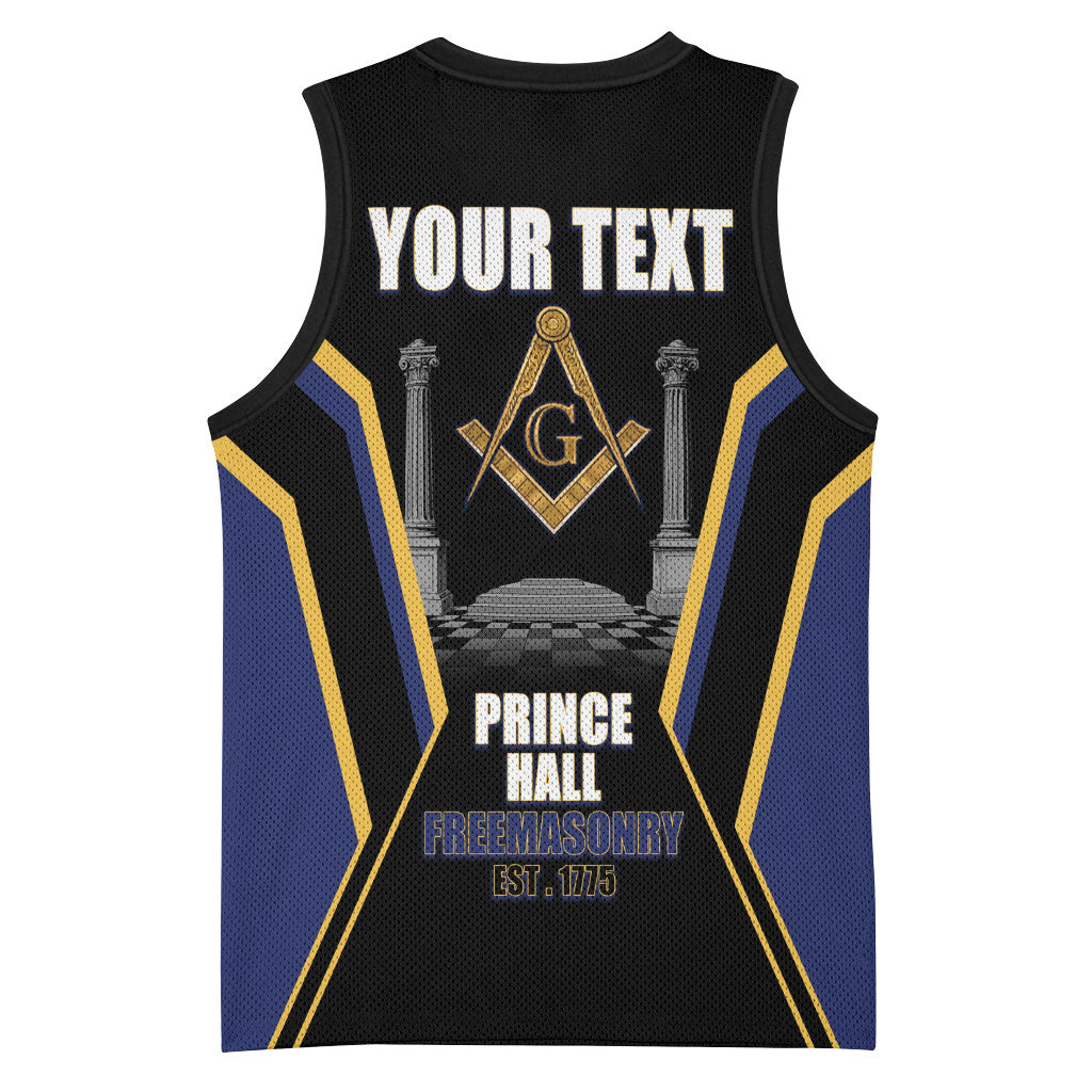 Personalized Prince Hall Freemasonry Basketball Jersey Royal Blue Gold Masonic Geometric Legacy Graphic