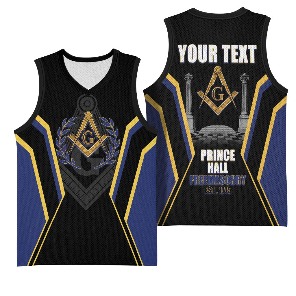 Personalized Prince Hall Freemasonry Basketball Jersey Royal Blue Gold Masonic Geometric Legacy Graphic
