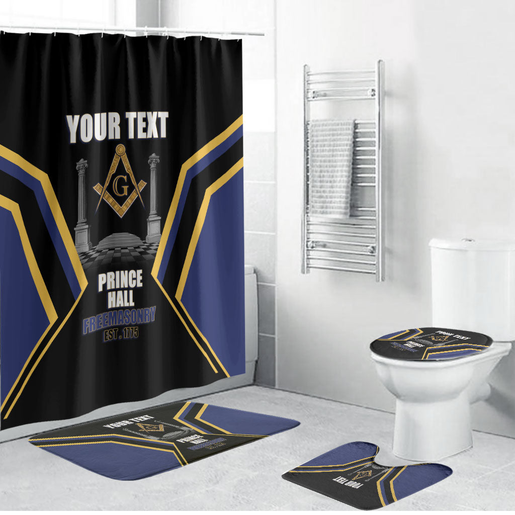 Personalized Prince Hall Freemasonry Bathroom Set Royal Blue Gold Masonic Geometric Legacy Graphic