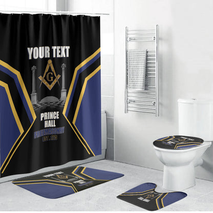 Personalized Prince Hall Freemasonry Bathroom Set Royal Blue Gold Masonic Geometric Legacy Graphic