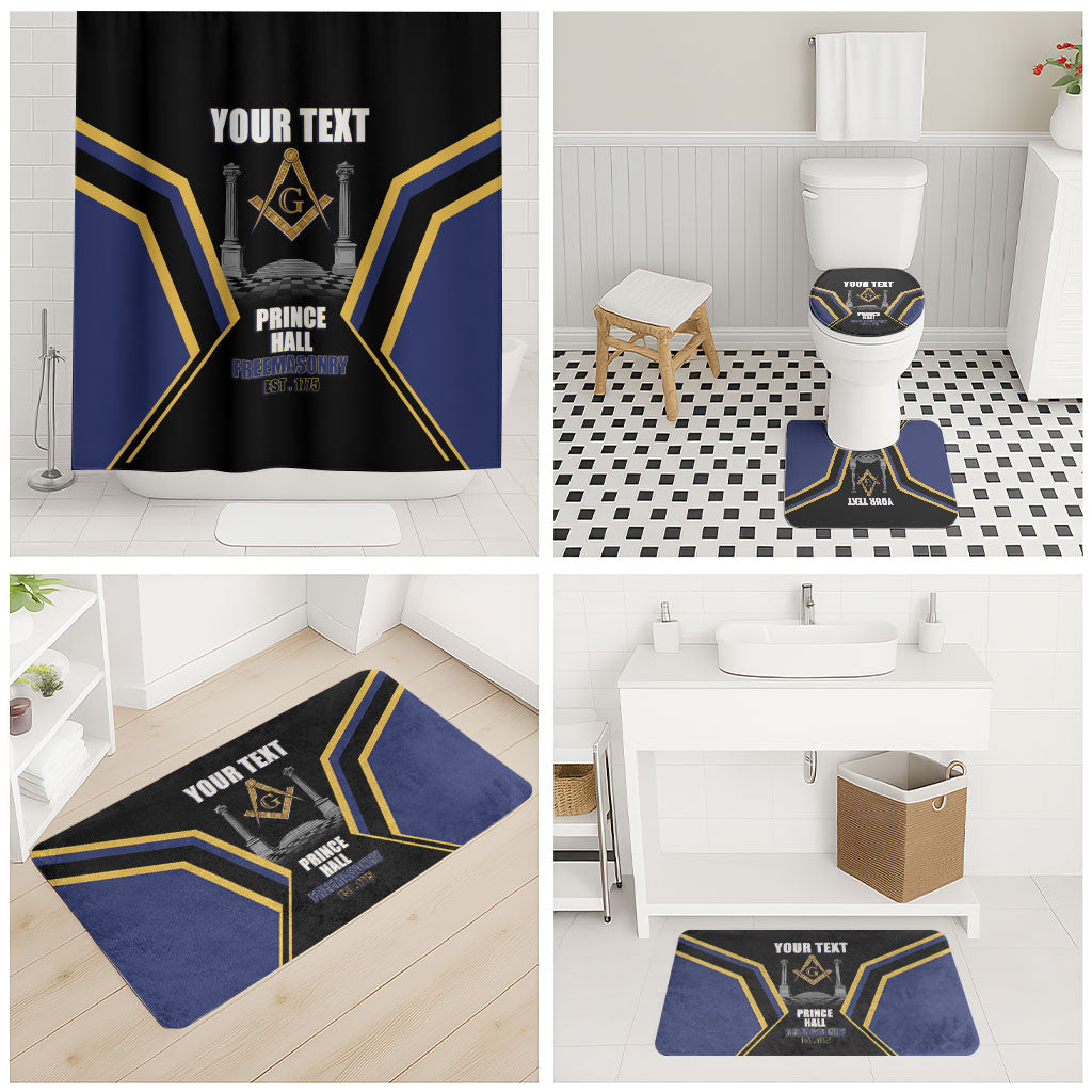 Personalized Prince Hall Freemasonry Bathroom Set Royal Blue Gold Masonic Geometric Legacy Graphic