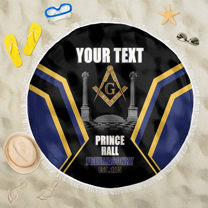 Personalized Prince Hall Freemasonry Beach Blanket Royal Blue Gold Masonic Geometric Legacy Graphic