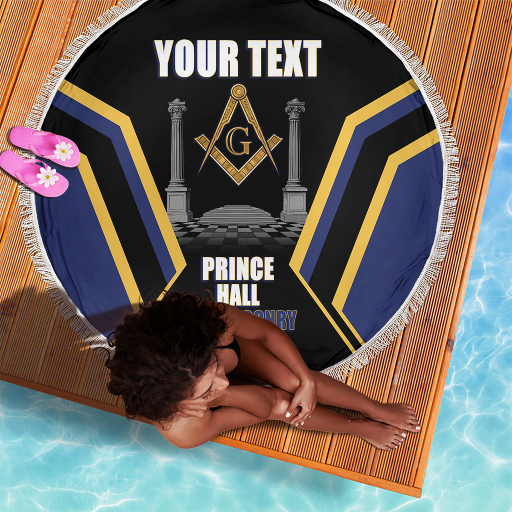 Personalized Prince Hall Freemasonry Beach Blanket Royal Blue Gold Masonic Geometric Legacy Graphic