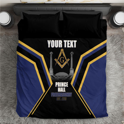 Personalized Prince Hall Freemasonry Bedding Set Royal Blue Gold Masonic Geometric Legacy Graphic
