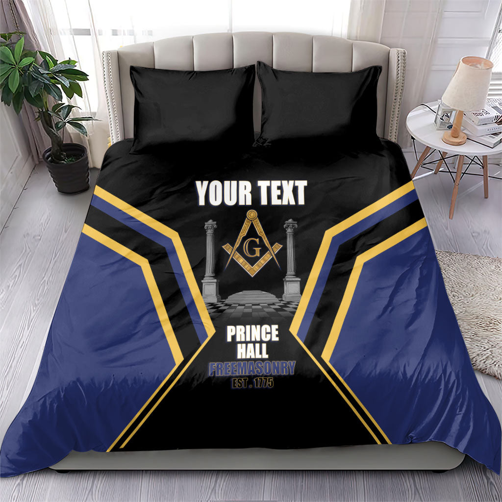 Personalized Prince Hall Freemasonry Bedding Set Royal Blue Gold Masonic Geometric Legacy Graphic