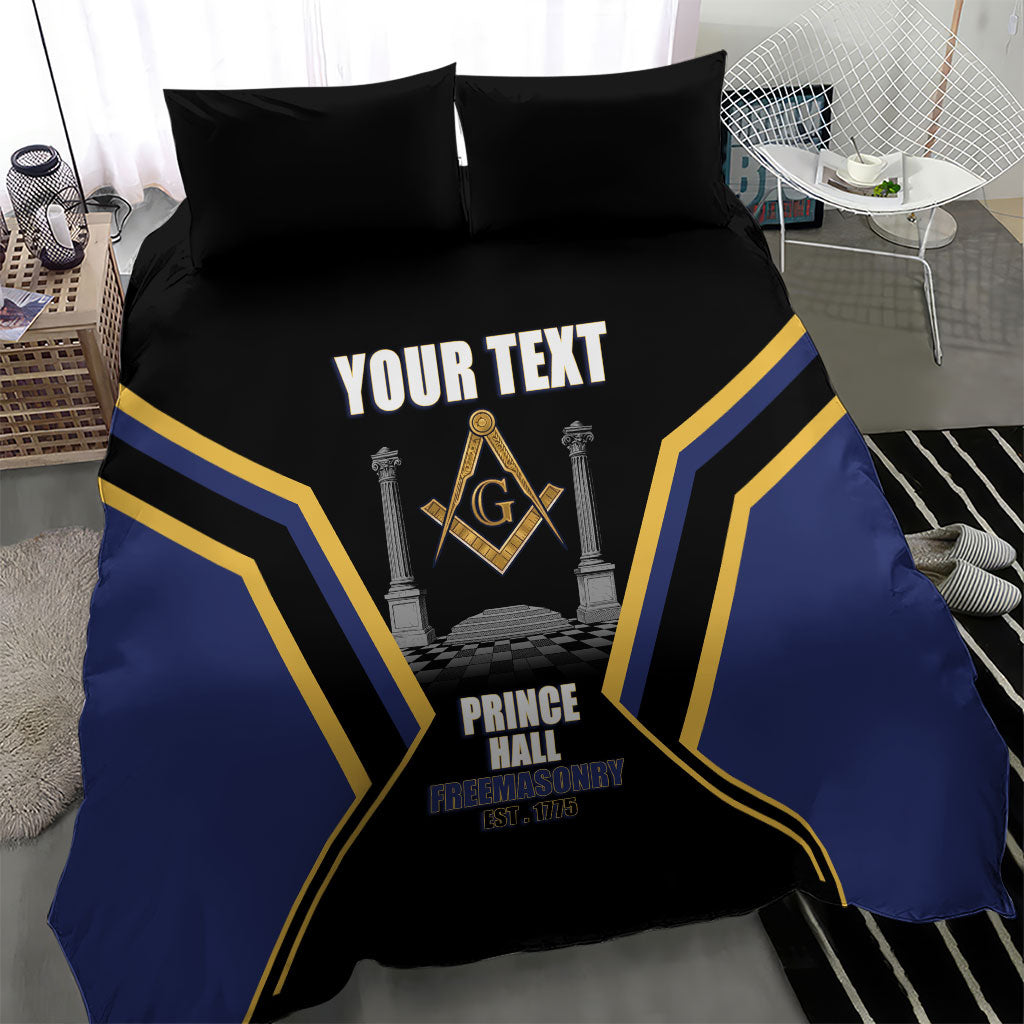Personalized Prince Hall Freemasonry Bedding Set Royal Blue Gold Masonic Geometric Legacy Graphic